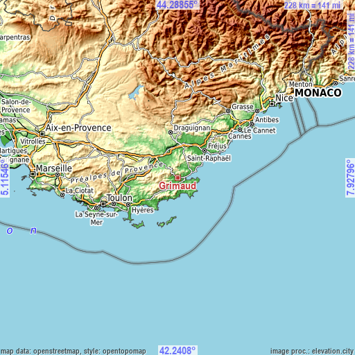 Topographic map of Grimaud