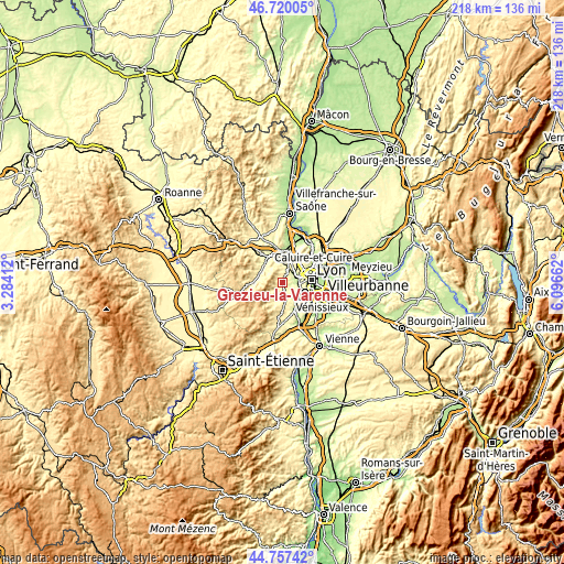 Topographic map of Grézieu-la-Varenne