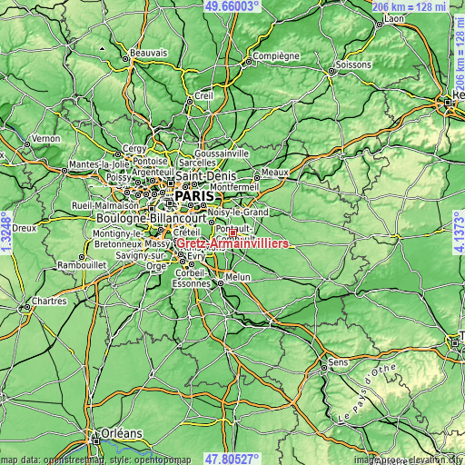 Topographic map of Gretz-Armainvilliers