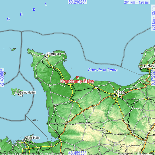 Topographic map of Grandcamp-Maisy