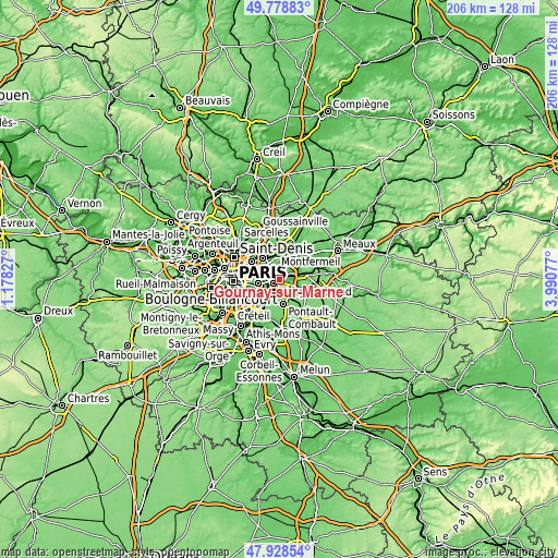 Topographic map of Gournay-sur-Marne