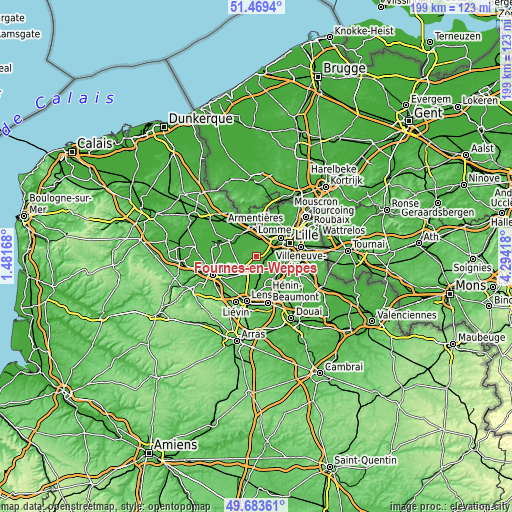 Topographic map of Fournes-en-Weppes