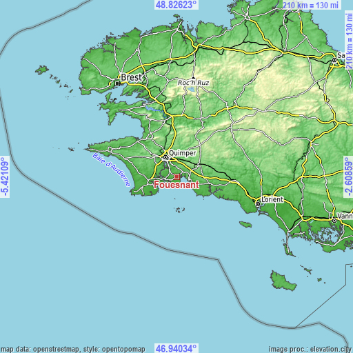 Topographic map of Fouesnant