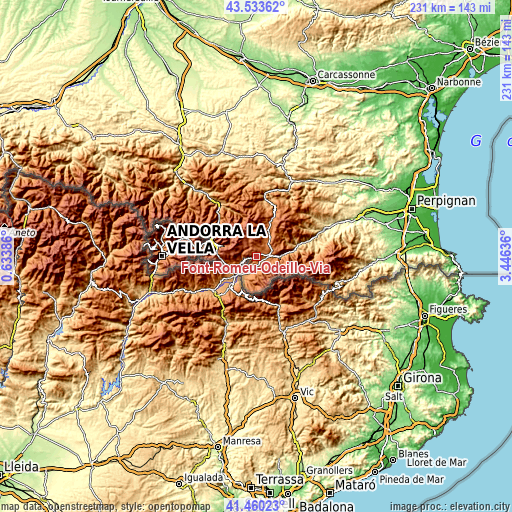 Topographic map of Font-Romeu-Odeillo-Via