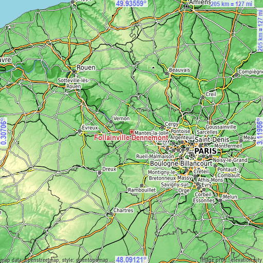 Topographic map of Follainville-Dennemont