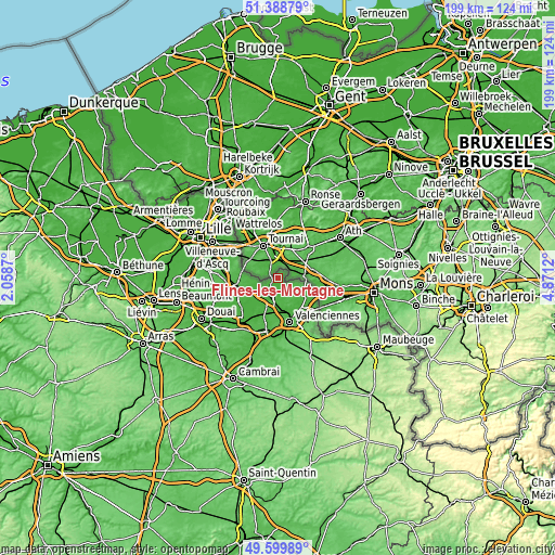 Topographic map of Flines-lès-Mortagne