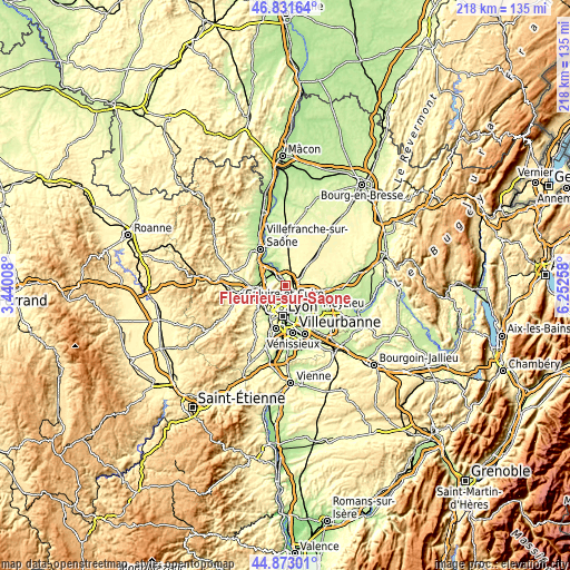 Topographic map of Fleurieu-sur-Saône