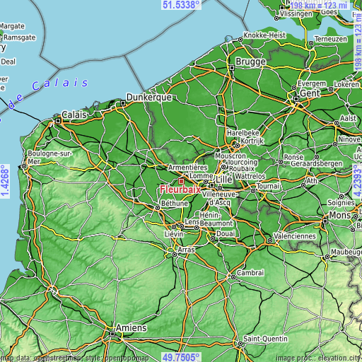 Topographic map of Fleurbaix