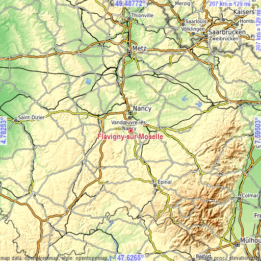 Topographic map of Flavigny-sur-Moselle