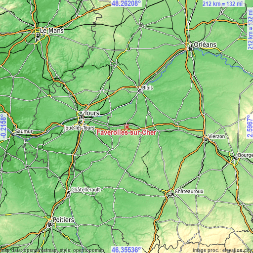 Topographic map of Faverolles-sur-Cher