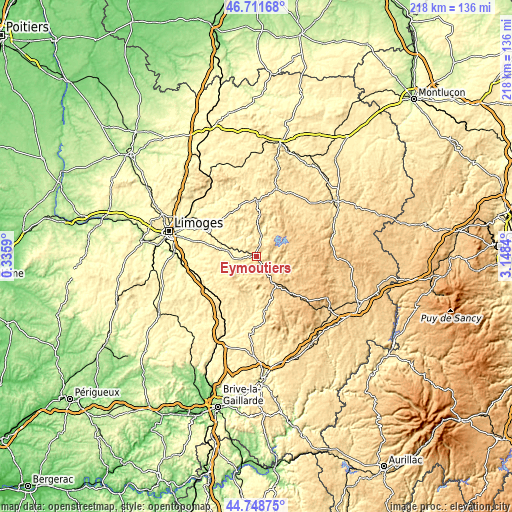 Topographic map of Eymoutiers