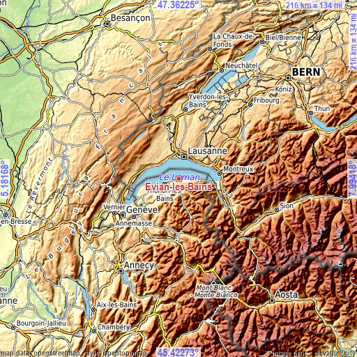 Topographic map of Évian-les-Bains