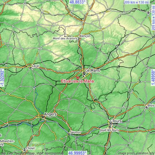 Topographic map of Étival-lès-le-Mans