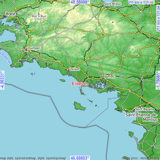 Topographic map of Erdeven