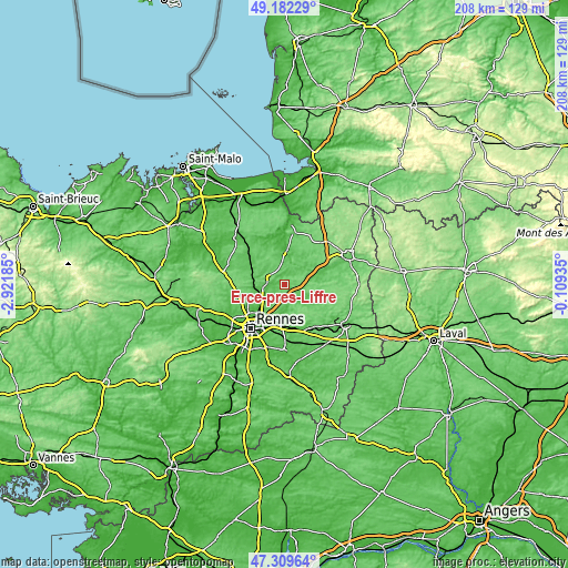 Topographic map of Ercé-près-Liffré