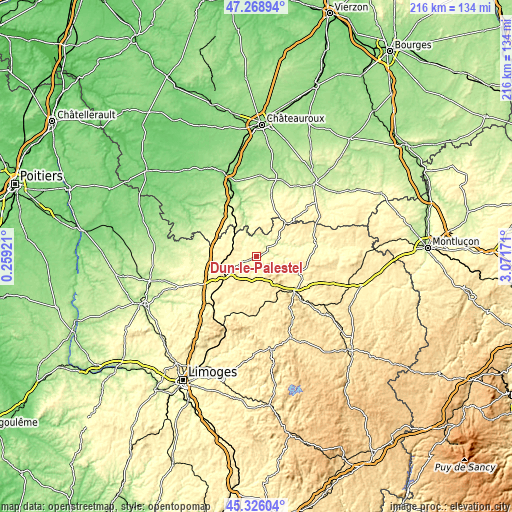 Topographic map of Dun-le-Palestel