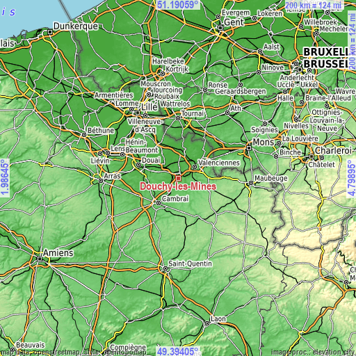 Topographic map of Douchy-les-Mines