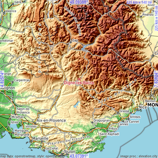 Topographic map of Digne-les-Bains