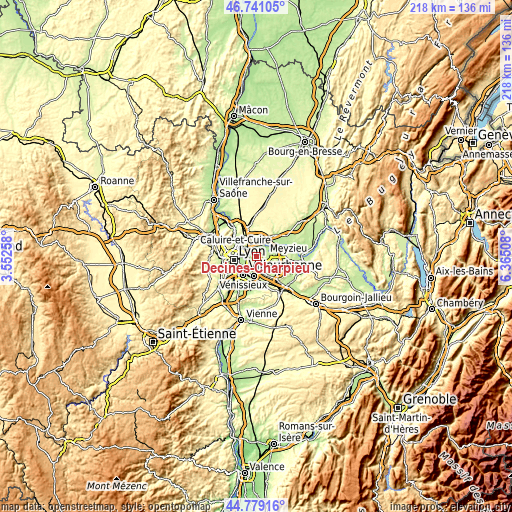Topographic map of Décines-Charpieu