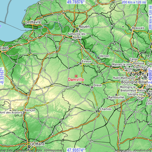 Topographic map of Damville