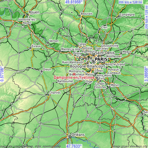 Topographic map of Dampierre-en-Yvelines
