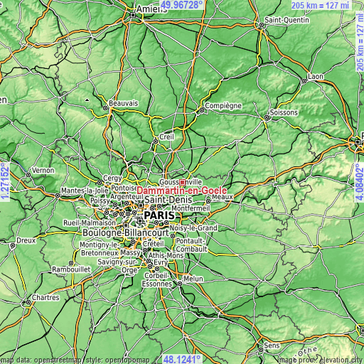 Topographic map of Dammartin-en-Goële