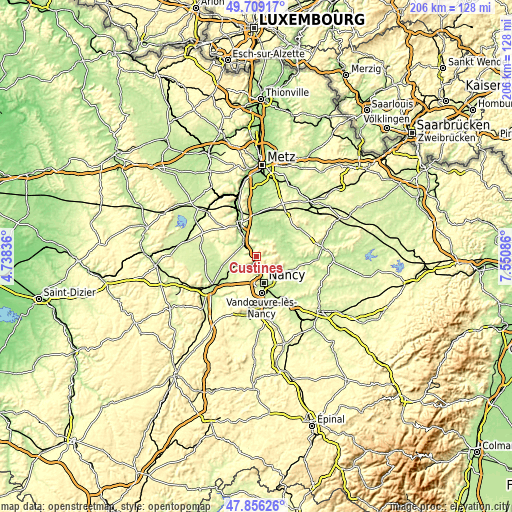 Topographic map of Custines