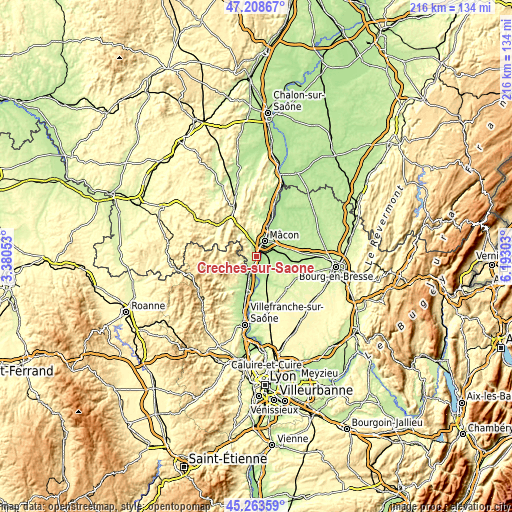 Topographic map of Crêches-sur-Saône