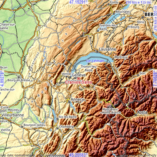 Topographic map of Cranves-Sales