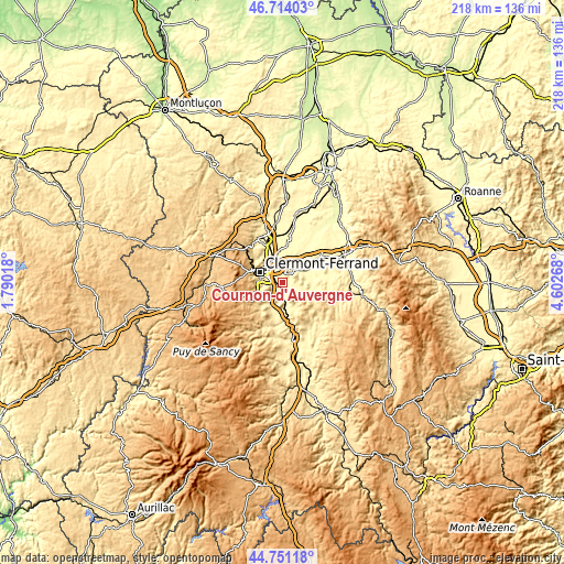 Topographic map of Cournon-d’Auvergne