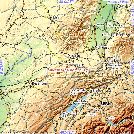 Topographic map of Courcelles-lès-Montbéliard