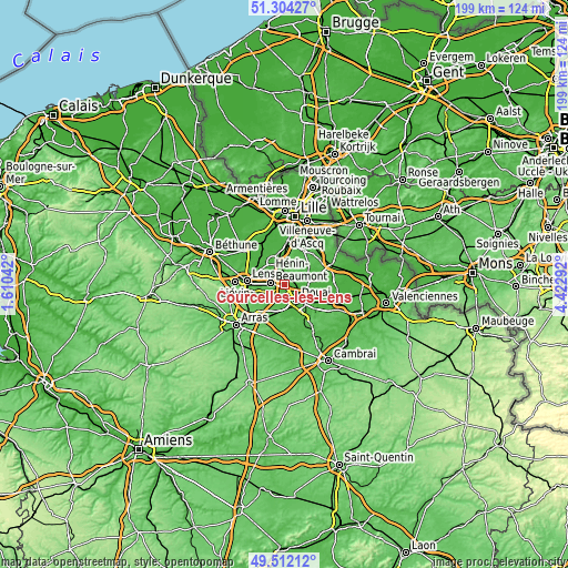 Topographic map of Courcelles-lès-Lens