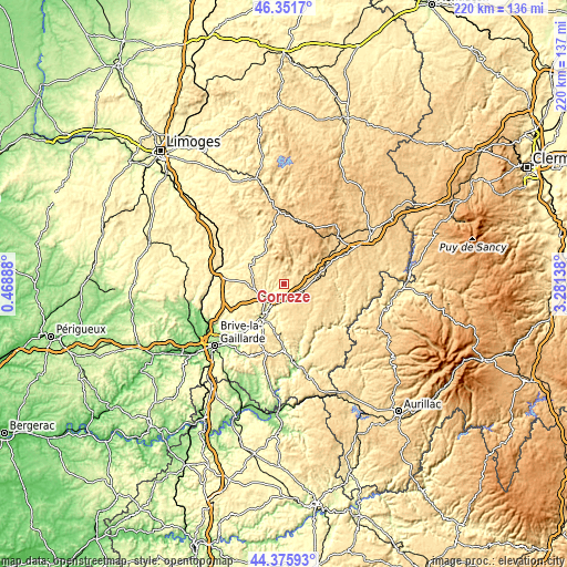 Topographic map of Corrèze