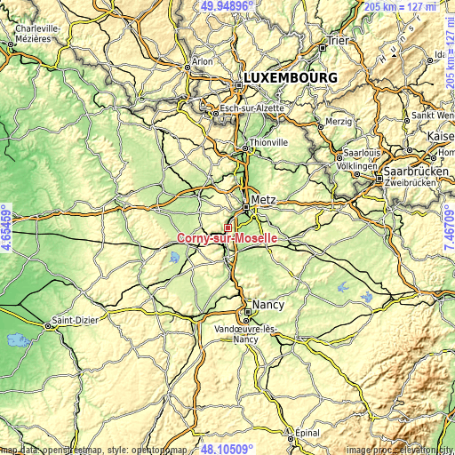 Topographic map of Corny-sur-Moselle