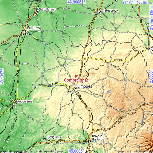 Topographic map of Compreignac