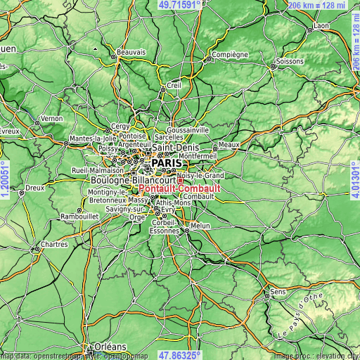 Topographic map of Pontault-Combault