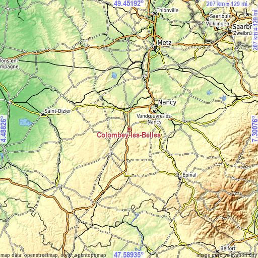 Topographic map of Colombey-les-Belles