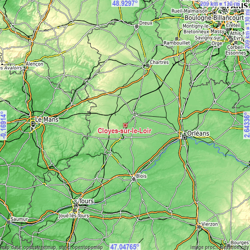 Topographic map of Cloyes-sur-le-Loir