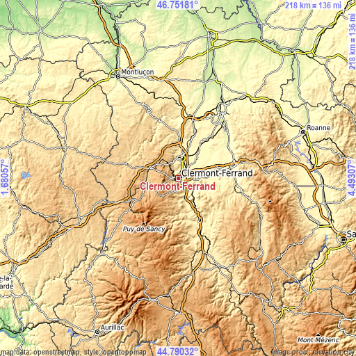 Topographic map of Clermont-Ferrand