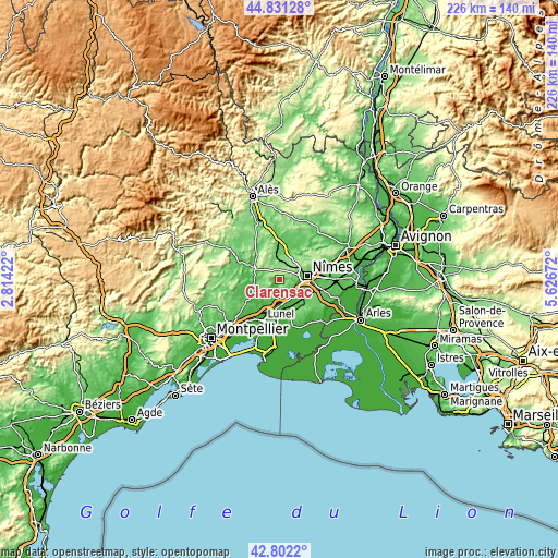 Topographic map of Clarensac