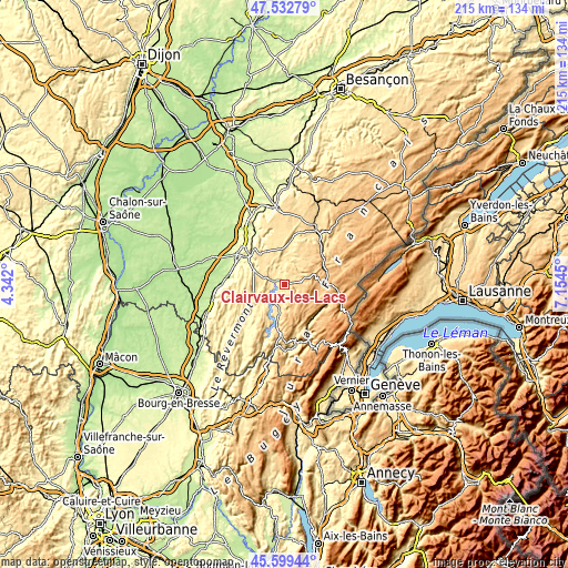 Topographic map of Clairvaux-les-Lacs