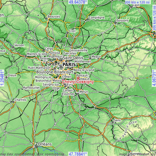 Topographic map of Chevry-Cossigny