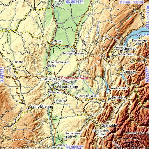 Topographic map of Chazey-sur-Ain