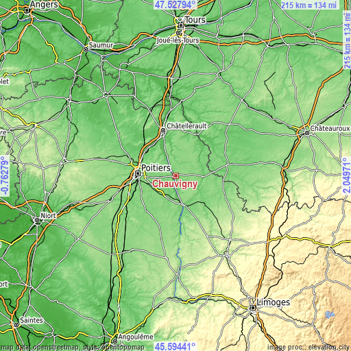 Topographic map of Chauvigny