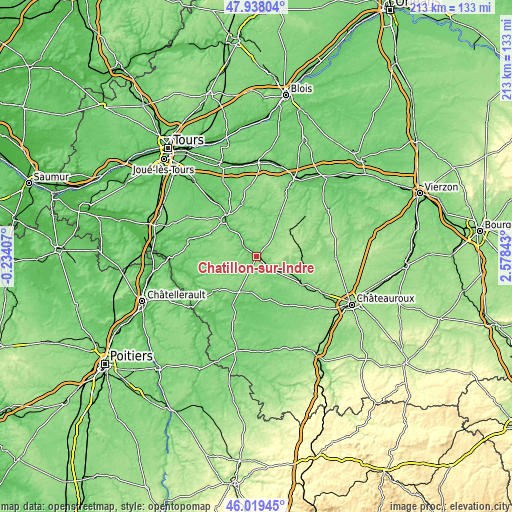 Topographic map of Châtillon-sur-Indre