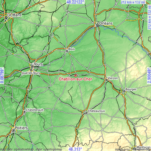 Topographic map of Châtillon-sur-Cher