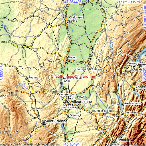 Topographic map of Châtillon-sur-Chalaronne