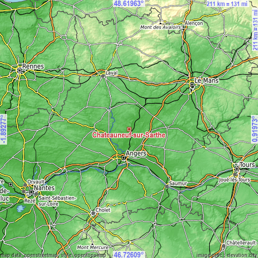 Topographic map of Châteauneuf-sur-Sarthe