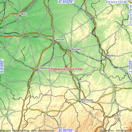 Topographic map of Châteauneuf-sur-Cher