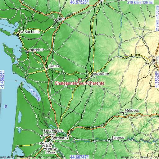 Topographic map of Châteauneuf-sur-Charente